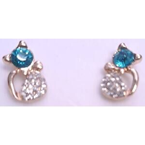 Aqua Clear Crystal Sparkling Kitty Cat Feline Lover Earrings Gold PLated Jewelry